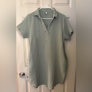 Three Dots Cotton Gauze Shirtdress in Pale Green, Size L